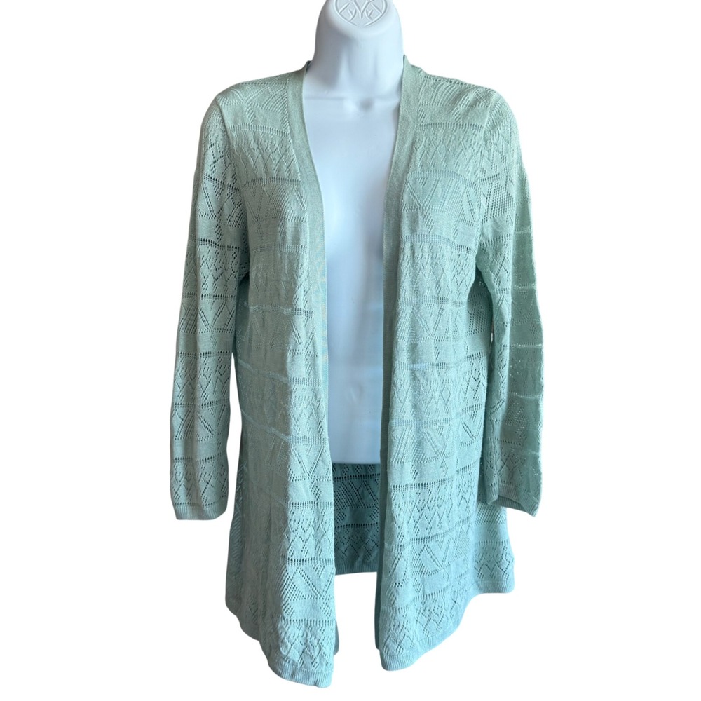 Ann Taylor Loft Cardigan Mint Green 3/4 Sleeve‎ Eyelet Crochet Style Wmn Sz S